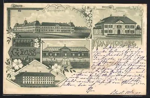 Lithographie München-Nymphenburg, Institut, Engelhaus, Josefshaus und Wandelhalle