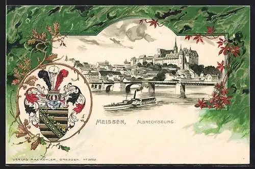 Passepartout-Lithographie Meissen, Uferpartie mit Albrechtsburg, Wappen