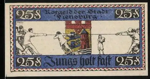 Notgeld Flensburg 1920, 25 Pfennig, Tauziehen vor dem Stadtwappen