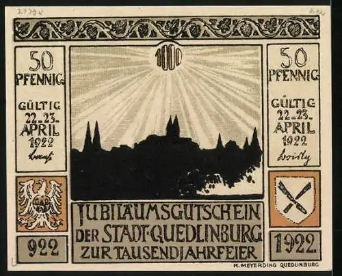 Notgeld Quedlinburg 1922, 50 Pfennig, Jubiläumsgutschein Tausendjahrfeier, Stadtbild, Wappen, Einzug der Preussen