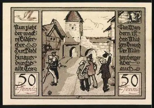 Notgeld Quedlinburg 1922, 50 Pfennig, Jubiläumsgutschein Tausendjahrfeier, Lustige Münzenberger, Bläserchor vor dem Tor