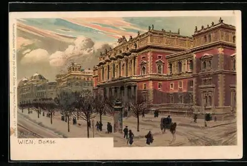 Künstler-Lithographie Paul Hey: Wien, Börse mit Litfasssäule