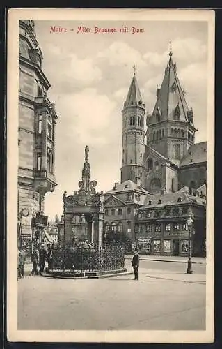 AK Mainz, Alter Brunnen mit Dom