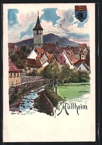 Künstler-AK Carl Biese: Müllnheim, Ortsansicht und Wappen