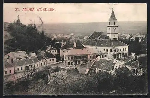 AK St. Andrä-Wördern, Strassenpartie mit Geschäft und Kirche