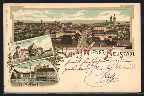 Lithographie Wiener-Neustadt, Totalansicht, Militär-Akademie & Stadtplatz