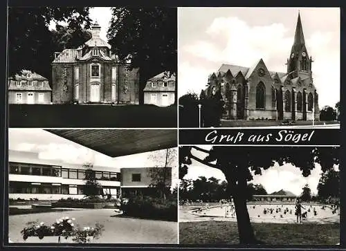 AK Sögel /Emsland, Kirche, Schloss und Freibad