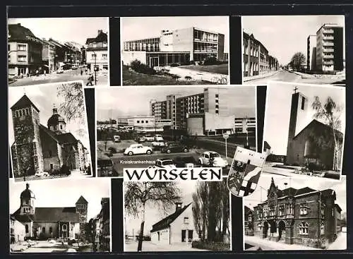 AK Würselen, Kaiserstrasse, St. Sebastian, Markt, Hallenbad, Nordstrasse, Kreiskrankenhaus, Rathaus, Bahnhof, Ev. Kirche