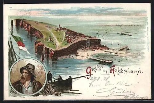 Lithographie Helgoland, Blick über die Insel, Fischer im Boot