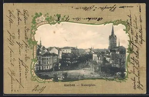 Passepartout-AK Aachen, Teilansicht, Kaiserplatz, Kirchturm, mit Blumen