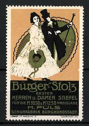 Reklamemarke Herren- und Damenstiefel Bürger-Stolz, Schuhfabrik H. Püls, Burgkundstadt, Paar beim Spaziergang