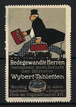 Reklamemarke Wybert-Tabletten für redegewandte Herren zum Schutz der Stimme, Mann mit Taschen, Dose