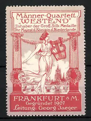 Reklamemarke Frankfurt / Main, Gesangsverein Männer-Quartett Westend, elegante Frau mit Lyra am Stadtrand