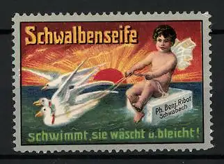 Reklamemarke Schwalbenseife schwimmt, sie wäscht u. bleicht!, Ph. Benj. Ribot, Schwabach, Engel und Schwalben