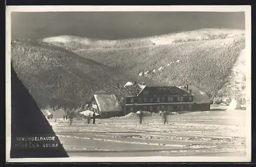 AK Riesengebirge, Blick zur verschneiten Schüsselbaude