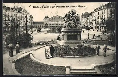 AK Basel, Strassburger-Denkmal mit Bundesbahnhof