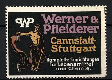 Reklamemarke Einrichtungen für Lebensmittel und Chemie, Werner & Pfleiderer, Stuttgart, Firmenlofo, Schmied