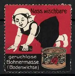 Reklamemarke Parkett-Rose ist nass-wischbare und geruchlose Bohnermasse, Mädchen schrubbt den Boden