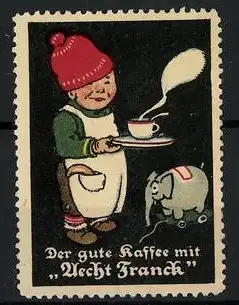 Reklamemarke Aecht Franck - der gute Kaffee, Junge mit Kaffeetasse und Spielzeugelefanten