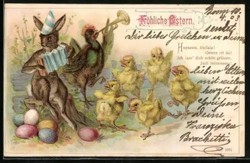 Lithographie Der Osterhase spielt tanzenden Küken ein Lied