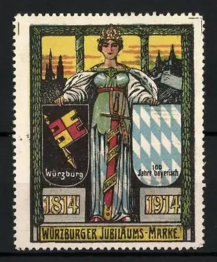 Reklamemarke Würzburg, Würzburger Jubiläums-Marke 1914-1915, Göttin mit Wappen