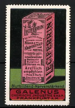 Reklamemarke Leciferrin - blutbildend & nervenstärkend, Galenus Chemische Industrie GmbH, Frankfurt a. M., Schachtel