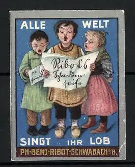 Reklamemarke Schwalbenseife, Ph. Benj. Ribot, Schwabach i. B., Kinder singen ein Loblied