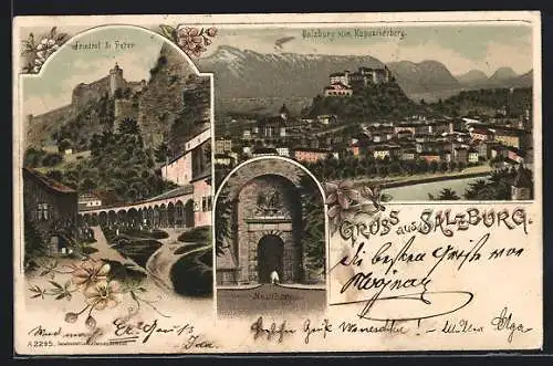 Lithographie Salzburg, Friedhof St. Peter, Neuthor, Panorama vom Kapuzinerberg