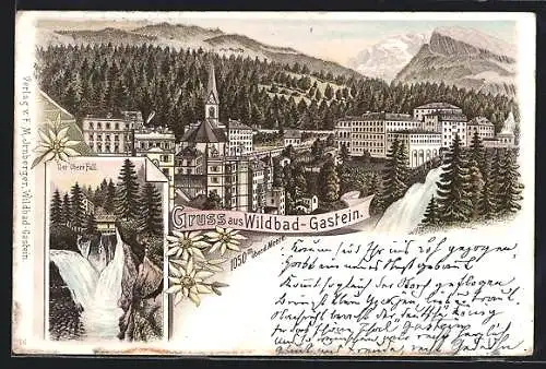 Lithographie Gastein, Der obere Fall, Gesamtansicht aus der Vogelschau