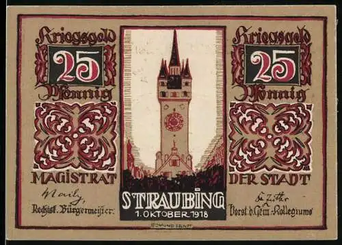 Notgeld Straubing 1918, 25 Pfennig, Stadtturm