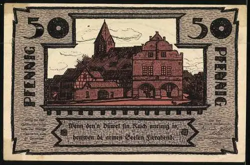 Notgeld Gadebusch 1921, Reutergeld 50 Pfennig, Ortsansicht und Ortspartie