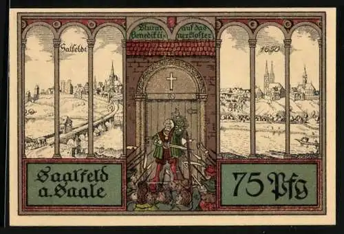 Notgeld Saalfeld a. Saale 1921, 75 Pfennig, Sturm auf das Benediktinerkloster, Wappen