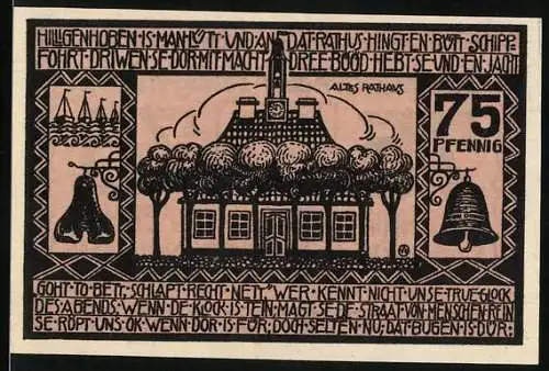 Notgeld Heiligenhafen 1923, 75 Pfennig, Blick aufs alte Rathaus, Wappen