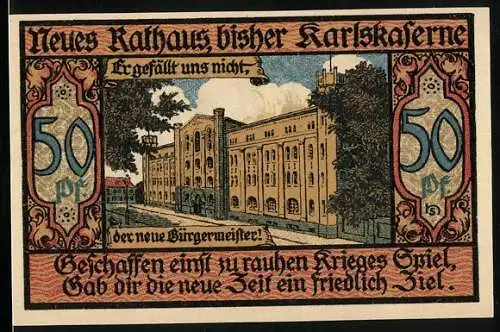 Notgeld Bernburg, 50 Pfennig, Wappen, Neues Rathaus, bisher Karlskaserne