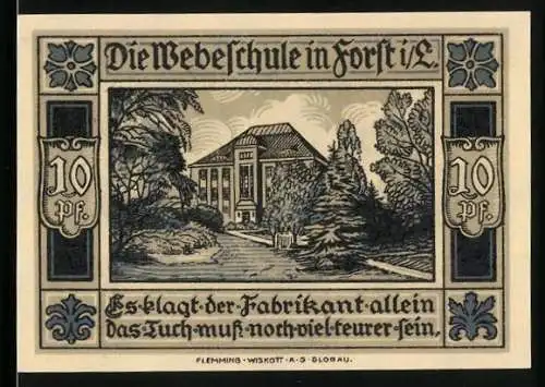 Notgeld Forst i. L. 1921, 10 Pfennig, Blick zur Webschule