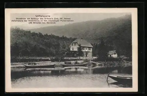 AK Gemünd / Eifel, Waldhotel mit Booten am Fluss