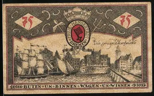 Notgeld Bremen 1921, 75 Pfennig, Die grosse Weserbrücke