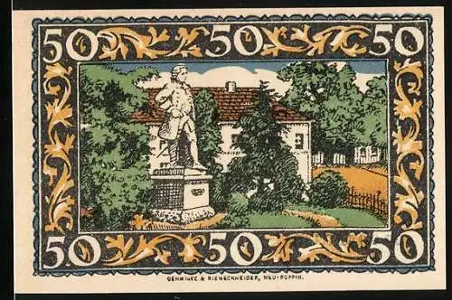 Notgeld Rheinsberg /Mark, 50 Pfennig, Friedrich der Grosse und Statue