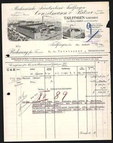 Rechnung Tailfingen 1924, Conzelmann & Bitzer, Mechanische Tricotweberei, Das Hauptwerk und die Filiale Hausen