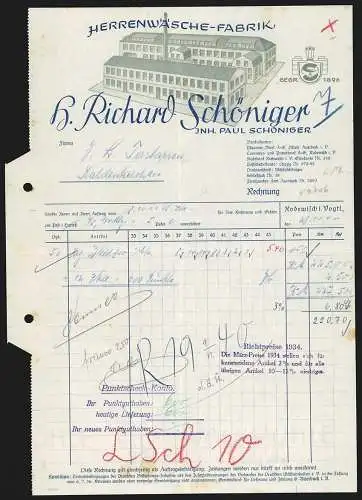 Rechnung Rodewisch i. Vogtl. 1940, H. Richard Schöniger, Herrenwäsche-Fabrik, Modellansicht und Schutzmarke