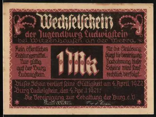 Notgeld Witzenhausen /Werra 1922, Jugendburg Ludwigstein, 1 Mark, Burgen, Wappen