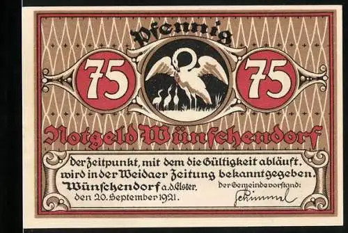Notgeld Wünschendorf a. d. Elster 1921, 75 Pfennig, Wappen, Sage vom Silberberg: Kegel und Kugeln sind Dein