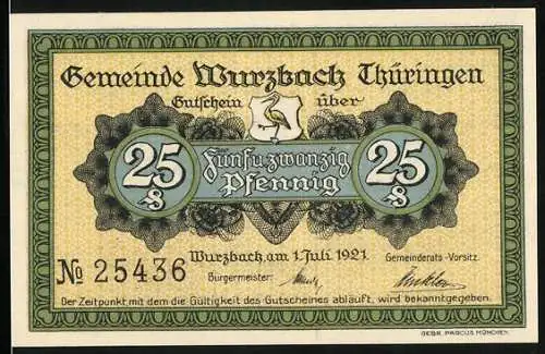 Notgeld Wurzbach /Th. 1921, 25 Pfennig, Wappen, Heinrichshütte, Eisenschmelzer Amor
