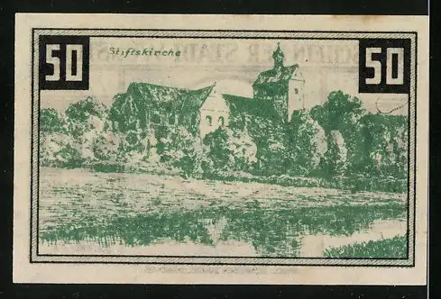 Notgeld Wunstorf 1922, 50 Pfennig, Wappen, Stiftskirche mit Umgebung