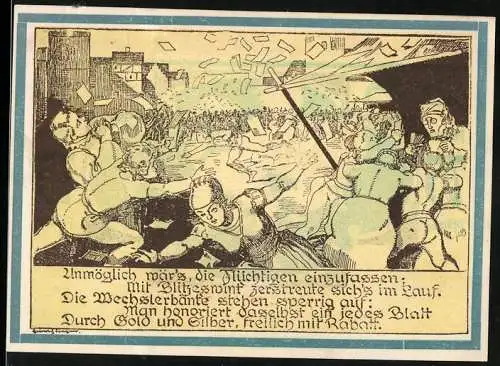 Notgeld Weimar 1921, 75 Pfennig, Kind und geflügelte Rösser, Szene mit Geldwechslern