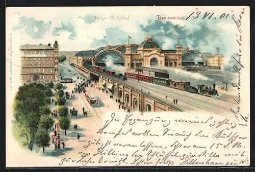 Lithographie Dresden, Haupt-Bahnhof mit Strassenbahn