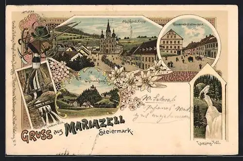 Lithographie Mariazell, Ortsansicht mit Strassenpartie und Wallfahrtskirche