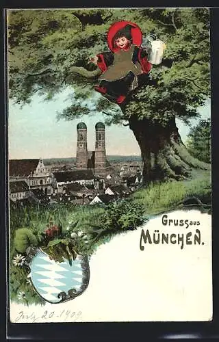 Künstler-AK München, Münchner Kindlsitzt mit Bierkrug in einem Baum, Wappen