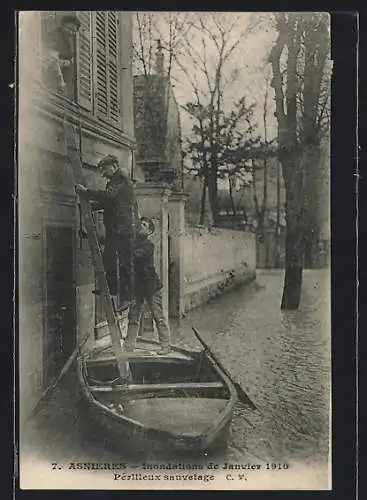 AK Asnieres, Inondation 1910, Perilleux sauvetage, Hochwasser, Ruderboot