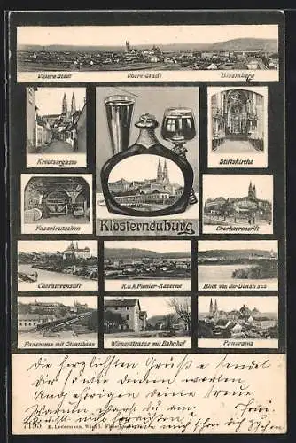 AK Klosterneuburg, Bisamberg, Kreutzergasse, Wienerstrasse mit Bahnhof und weitere Motive